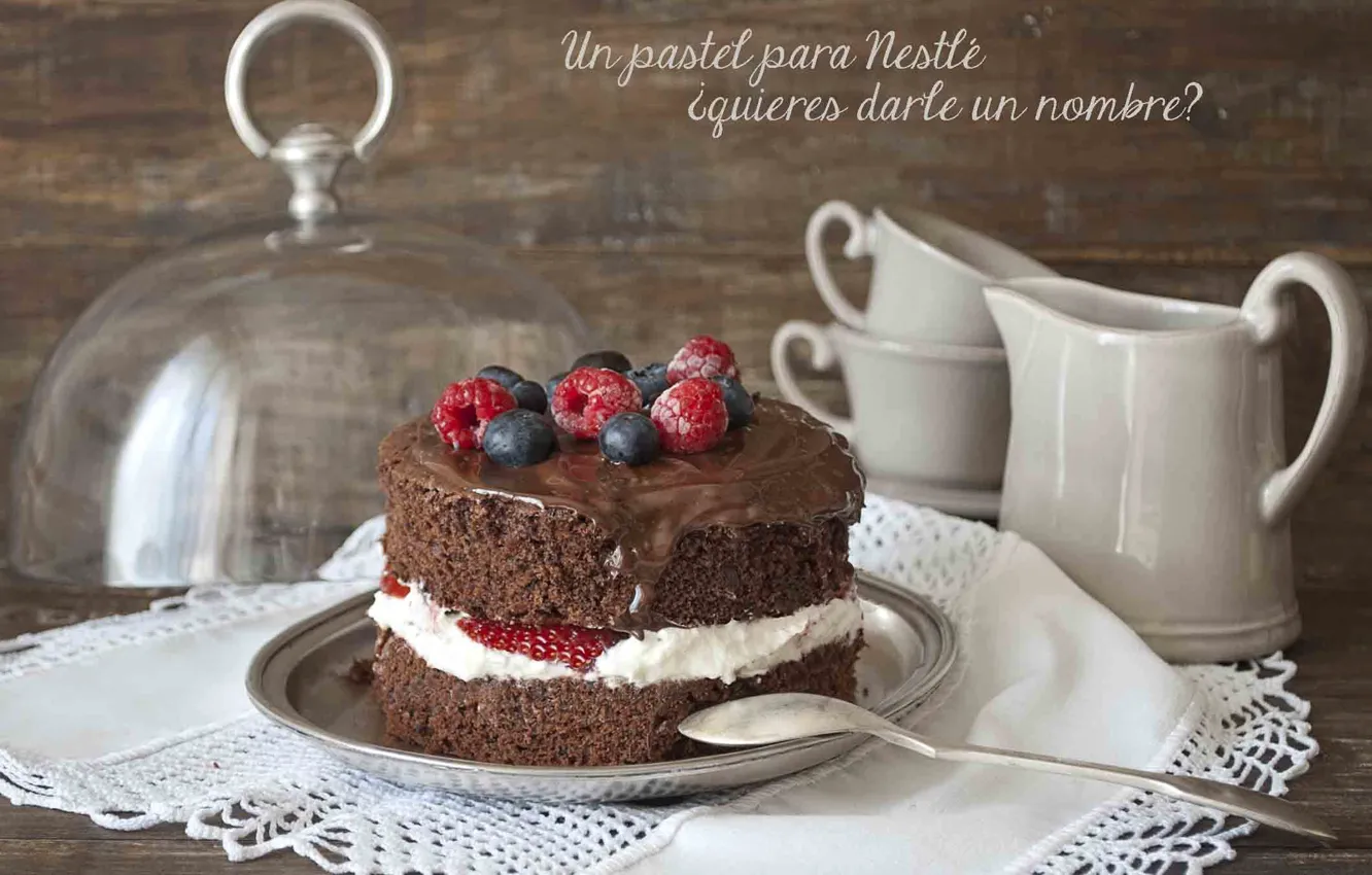 Photo wallpaper raspberry, food, chocolate, blueberries, Cup, cake, cake, cake