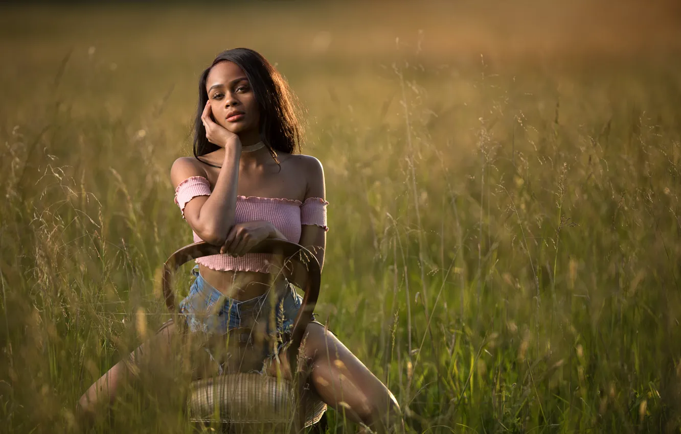 Photo wallpaper grass, girl, pose, mood, meadow, chair