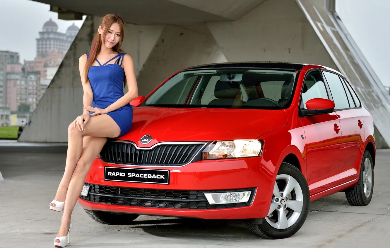 Photo wallpaper look, Girls, Asian, beautiful girl, Skoda, red car, posing on the car