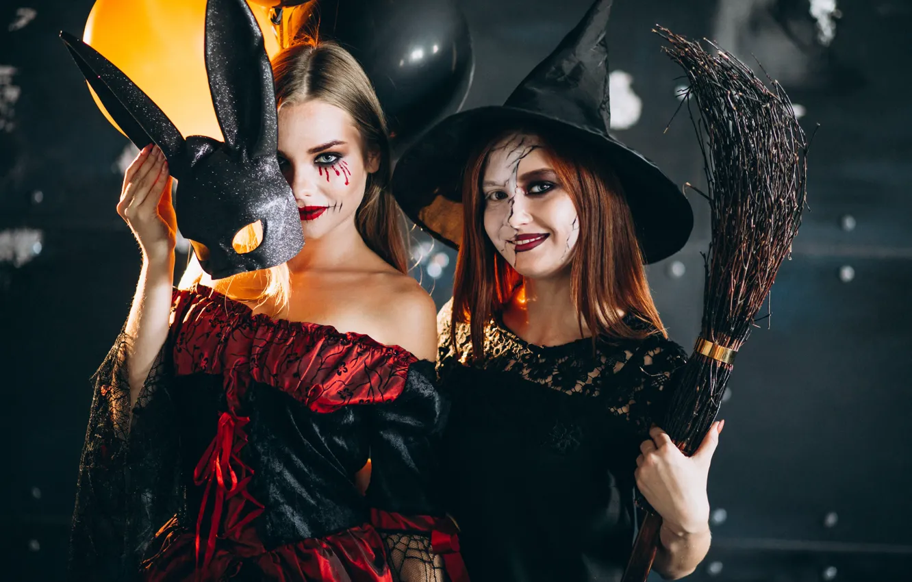 Photo wallpaper smile, witch, two, Bunny, Studio, Girls in Halloween costumes
