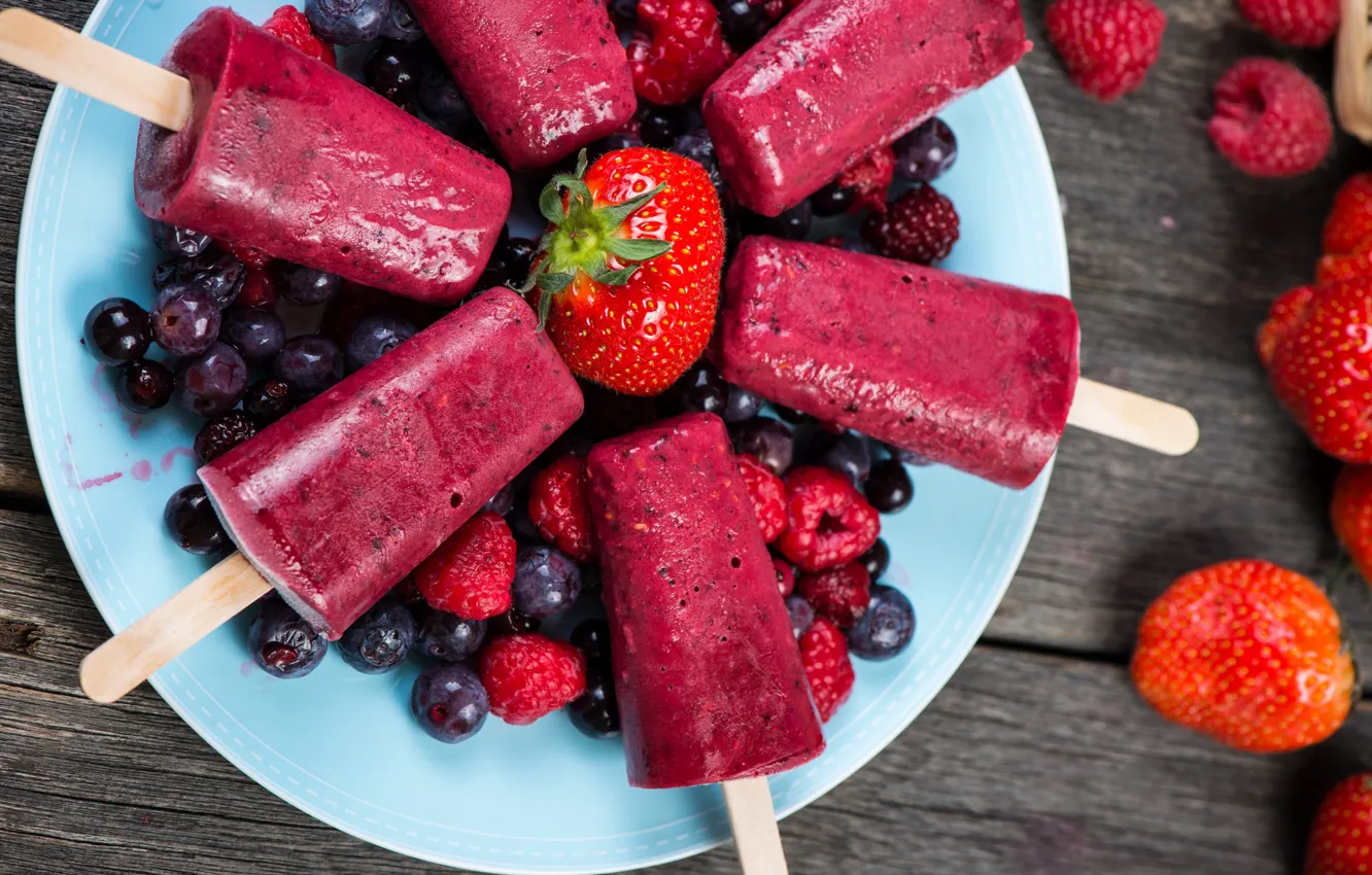 Photo wallpaper berries, raspberry, food, strawberry, ice cream, dessert, sweet, fruit ice