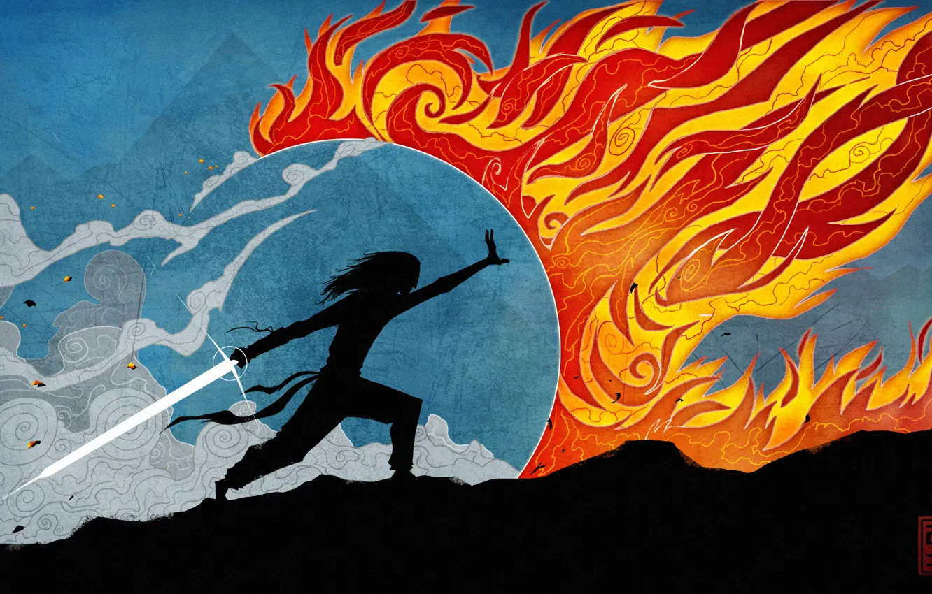 Photo wallpaper lights, fantasy, fiction, sword, silhouette, art