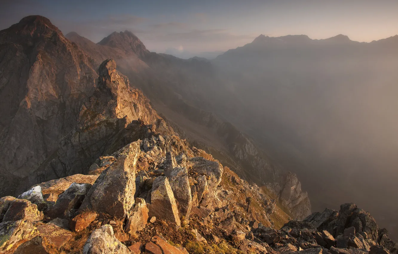 Photo wallpaper mountains, fog, rocks