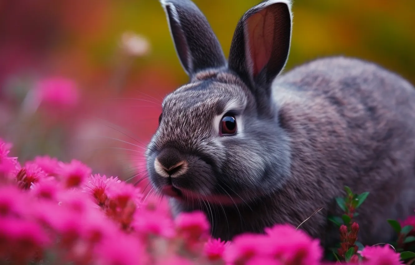 Photo wallpaper look, face, flowers, grey, hare, portrait, rabbit, AI art
