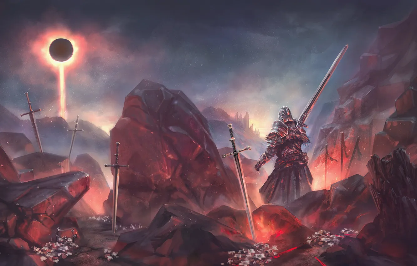 Photo wallpaper rays, stones, fiction, the moon, sword, warrior, moon, sword