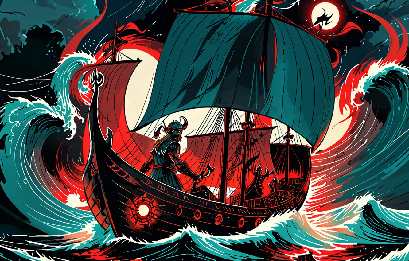 Photo wallpaper wave, storm, figure, ship