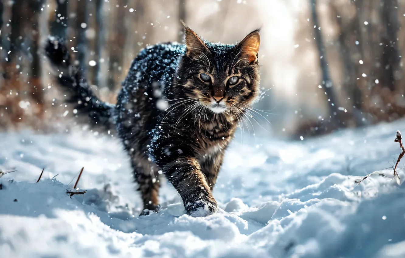 Photo wallpaper cat, new year, winter, snow, snowfall