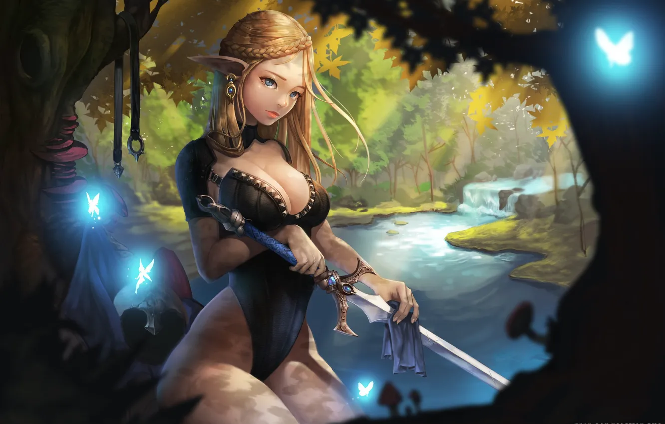 Photo wallpaper girl, sword, fantasy, forest, cleavage, river, bodysuit, trees