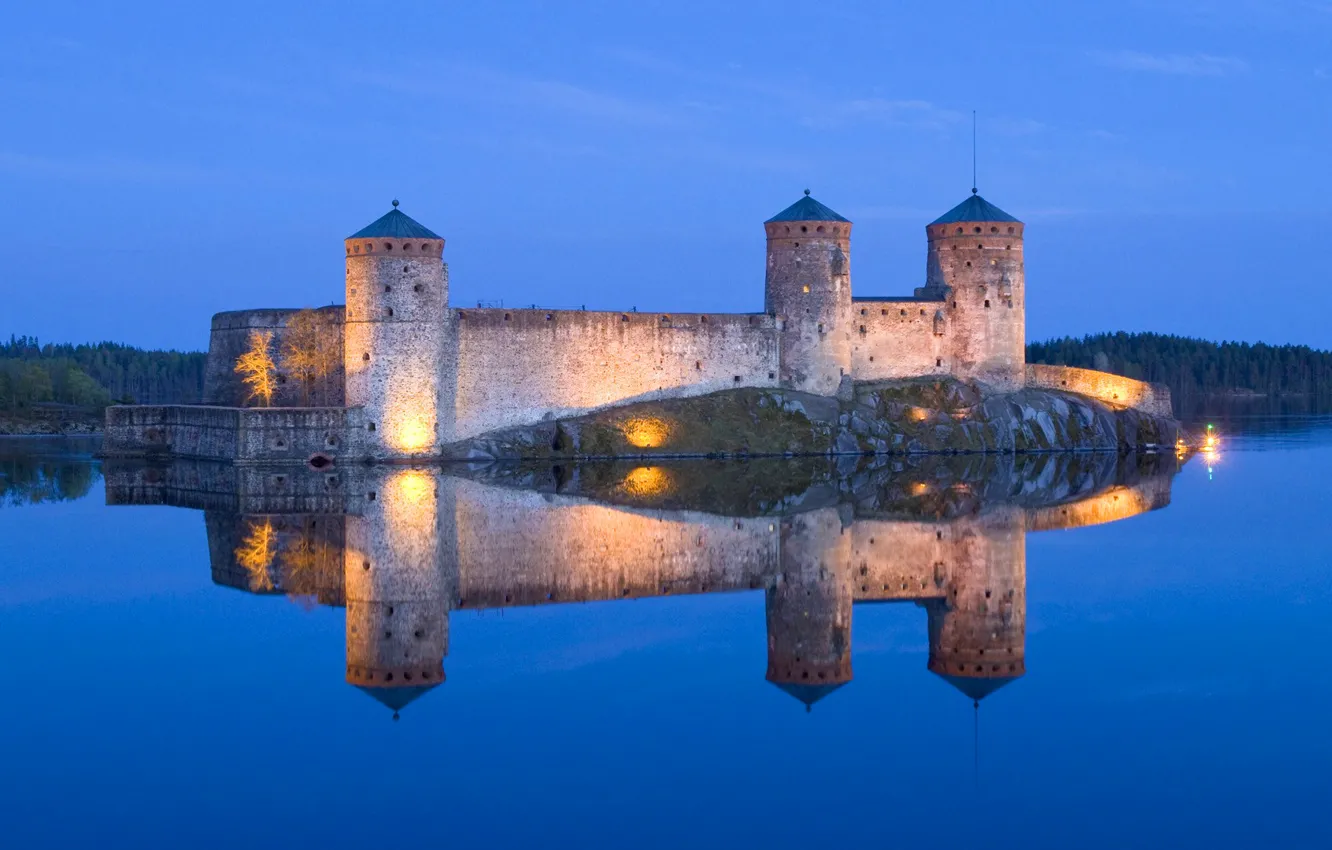 Photo wallpaper the sky, light, trees, lake, reflection, river, castle, tower