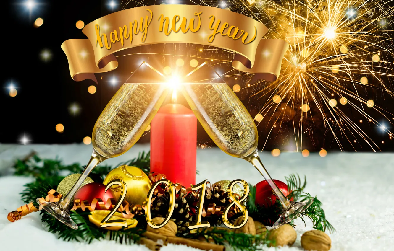 Photo wallpaper glare, background, fire, holiday, balls, candle, salute, glasses