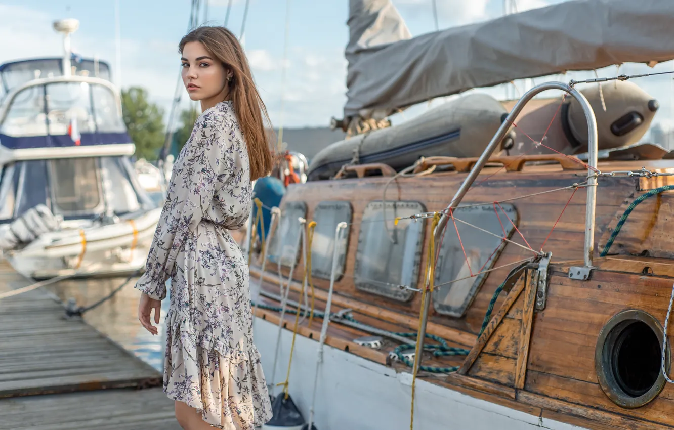 Photo wallpaper look, girl, pose, yacht, pier, dress, Oleg Kolomiychenko