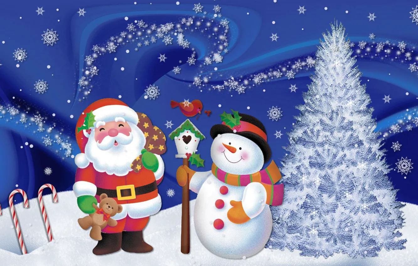 Photo wallpaper snow, snowflakes, mood, holiday, new year, art, snowman, Santa Claus