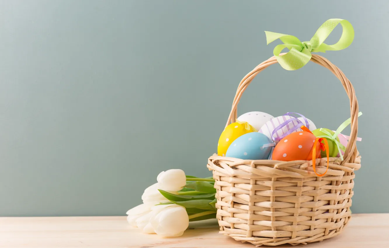Photo wallpaper holiday, basket, eggs, Easter, tulips
