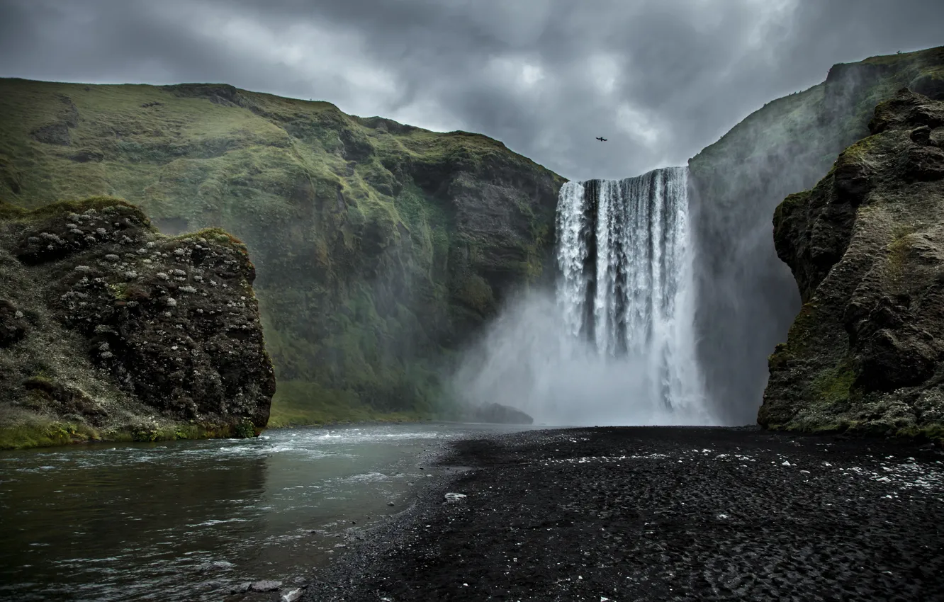 Photo wallpaper clouds, river, bird, waterfall