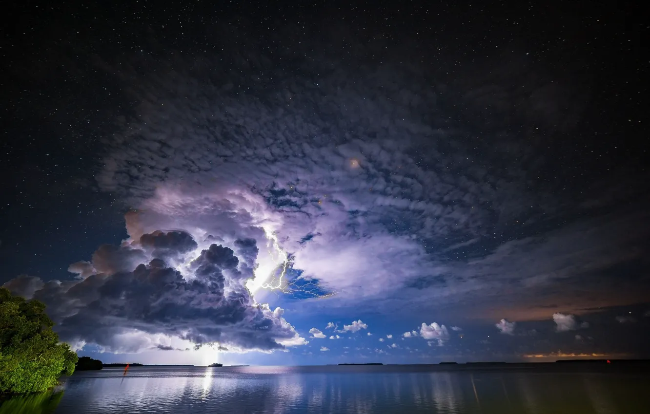 Photo wallpaper the storm, the sky, stars, clouds, clouds, element, lightning, the evening