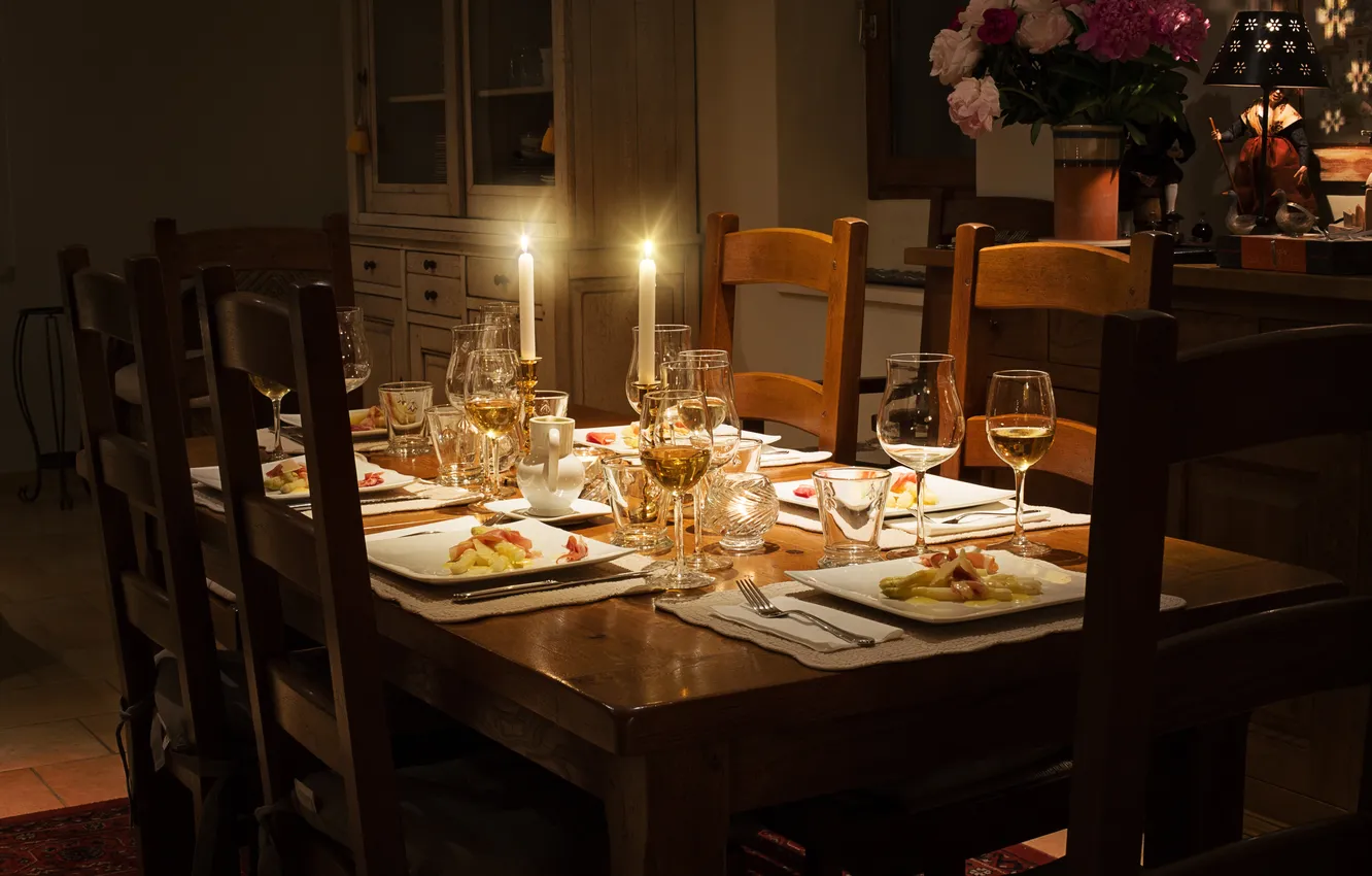 Photo wallpaper table, chairs, candles, dinner, serving