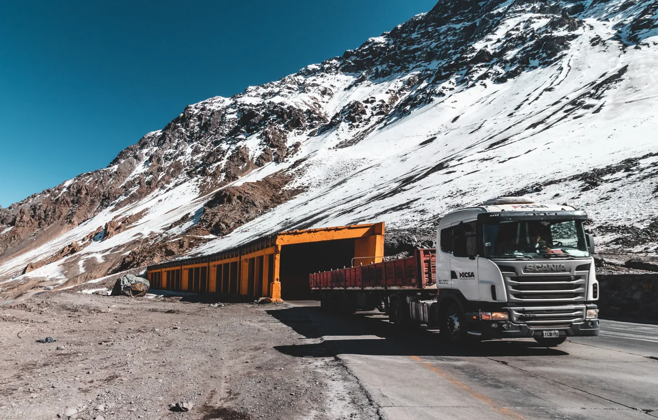 Photo wallpaper Truck, Mountain, Tunnel, Caio Silva, Winter, Snow, Cold, Trailer