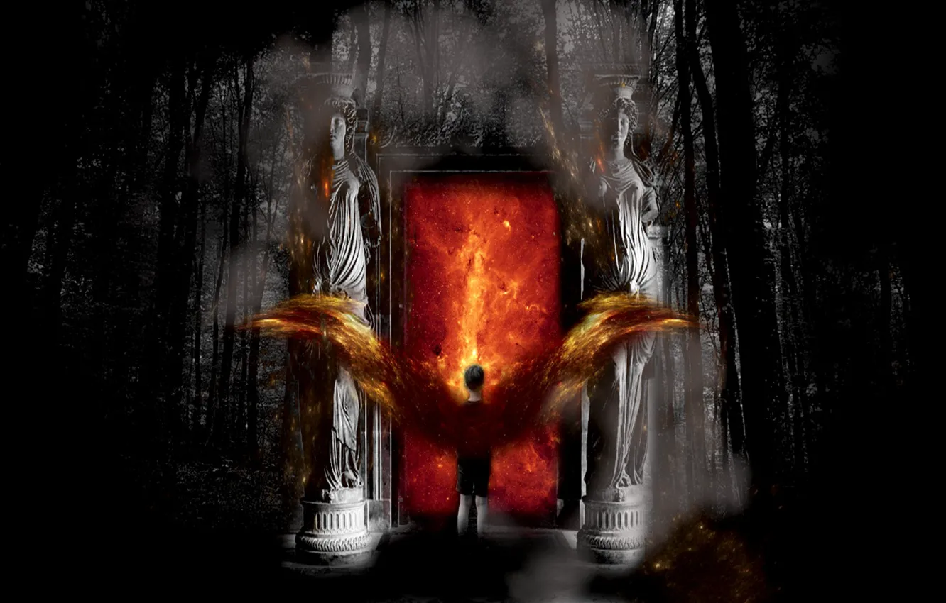 Photo wallpaper forest, children, statue, gorgeous, entrance