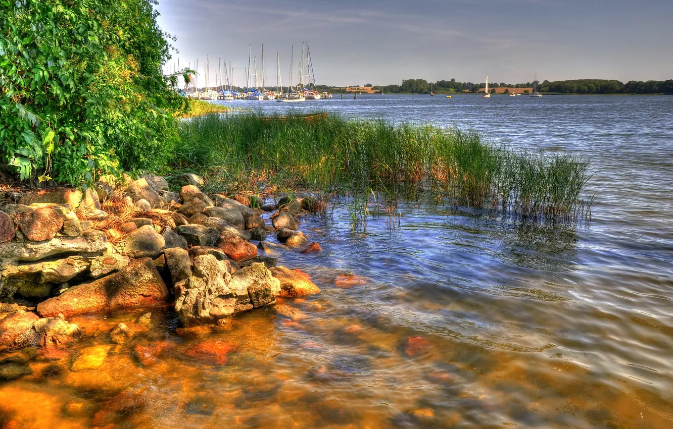 Photo wallpaper the sky, trees, nature, river, stones, boat, yacht, Germany