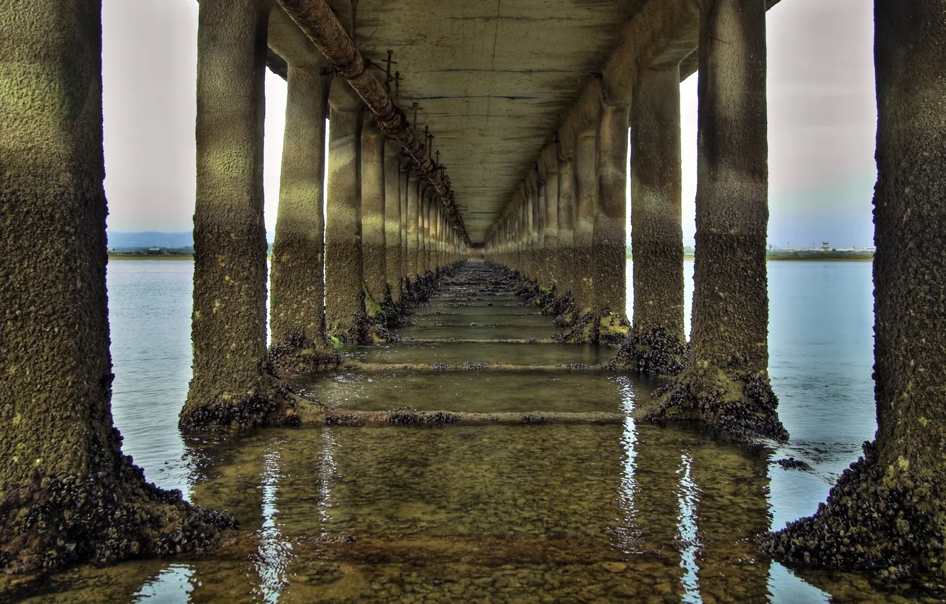 Photo wallpaper water, landscape, bridge, columns, the tunnel