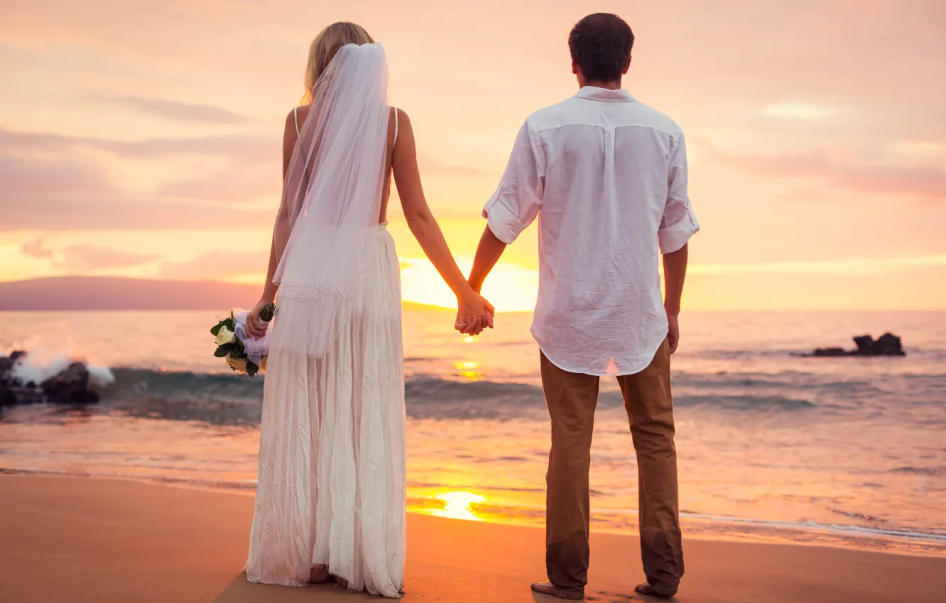 Photo wallpaper sea, beach, the sky, girl, clouds, sunset, nature, the bride