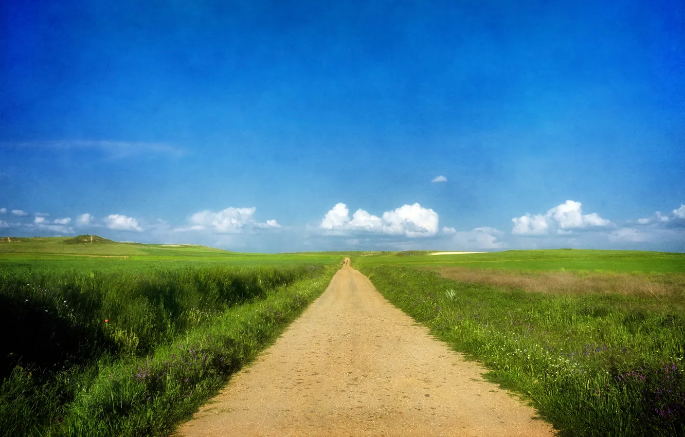 Photo wallpaper road, summer, the sky, grass, clouds, Sunny