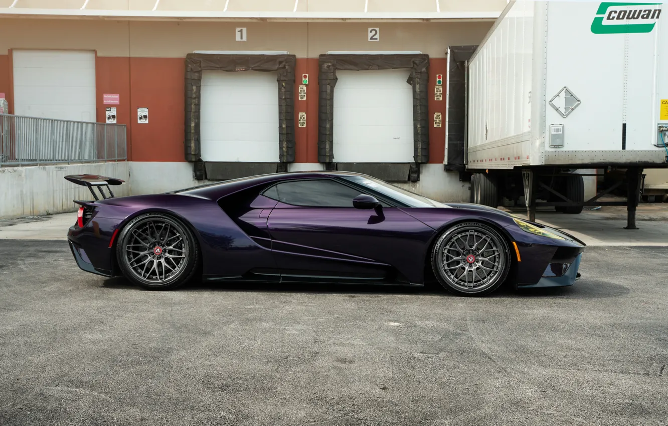 Photo wallpaper Ford, Ford, Ford GT, Purple, Purple, Side, Boxes, Trailer
