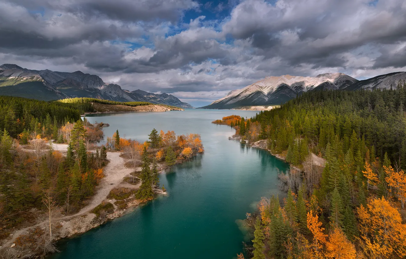 Photo wallpaper autumn, forest, clouds, landscape, mountains, nature, lake, shore