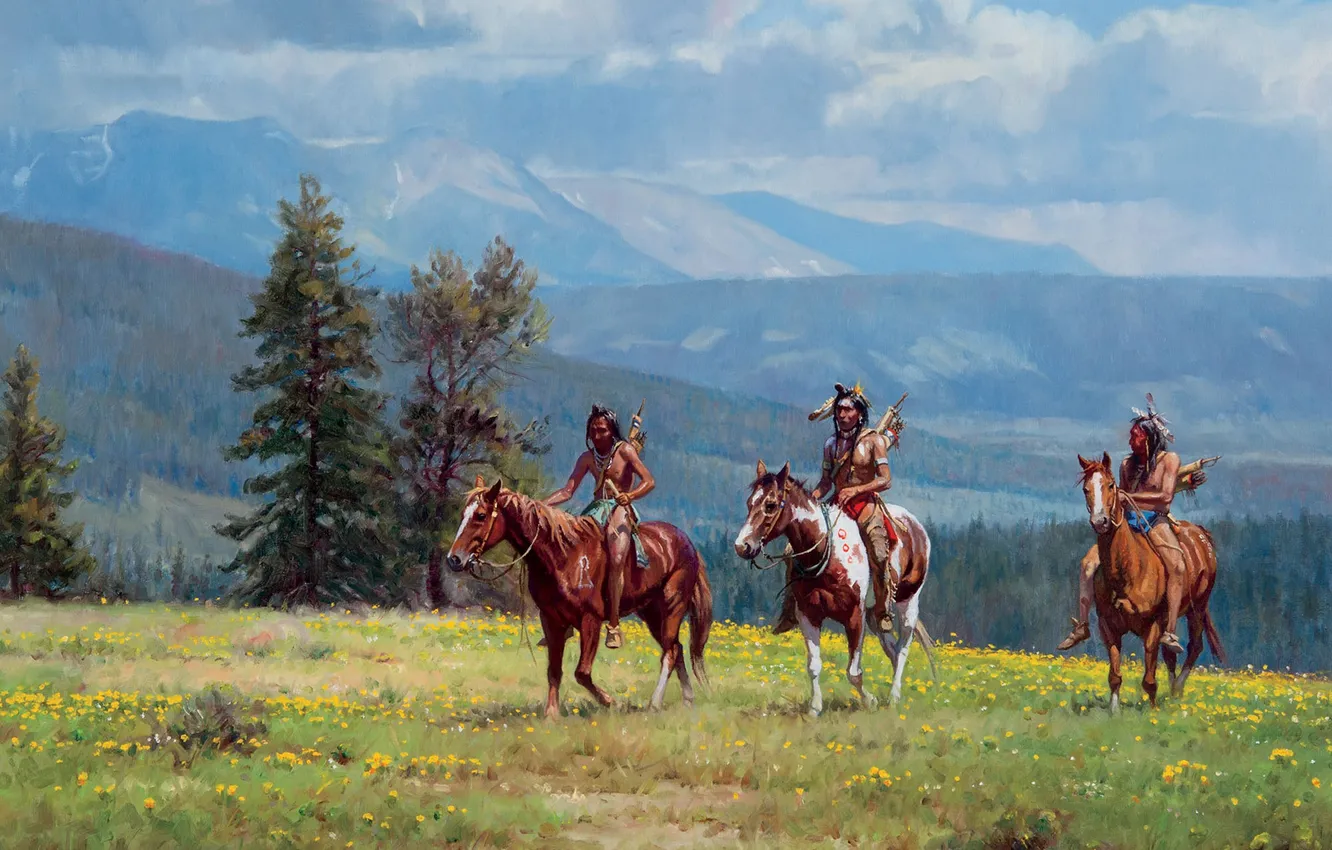 Photo wallpaper grass, mountains, horse, picture, three, Indian, Martin Grelle, American artist