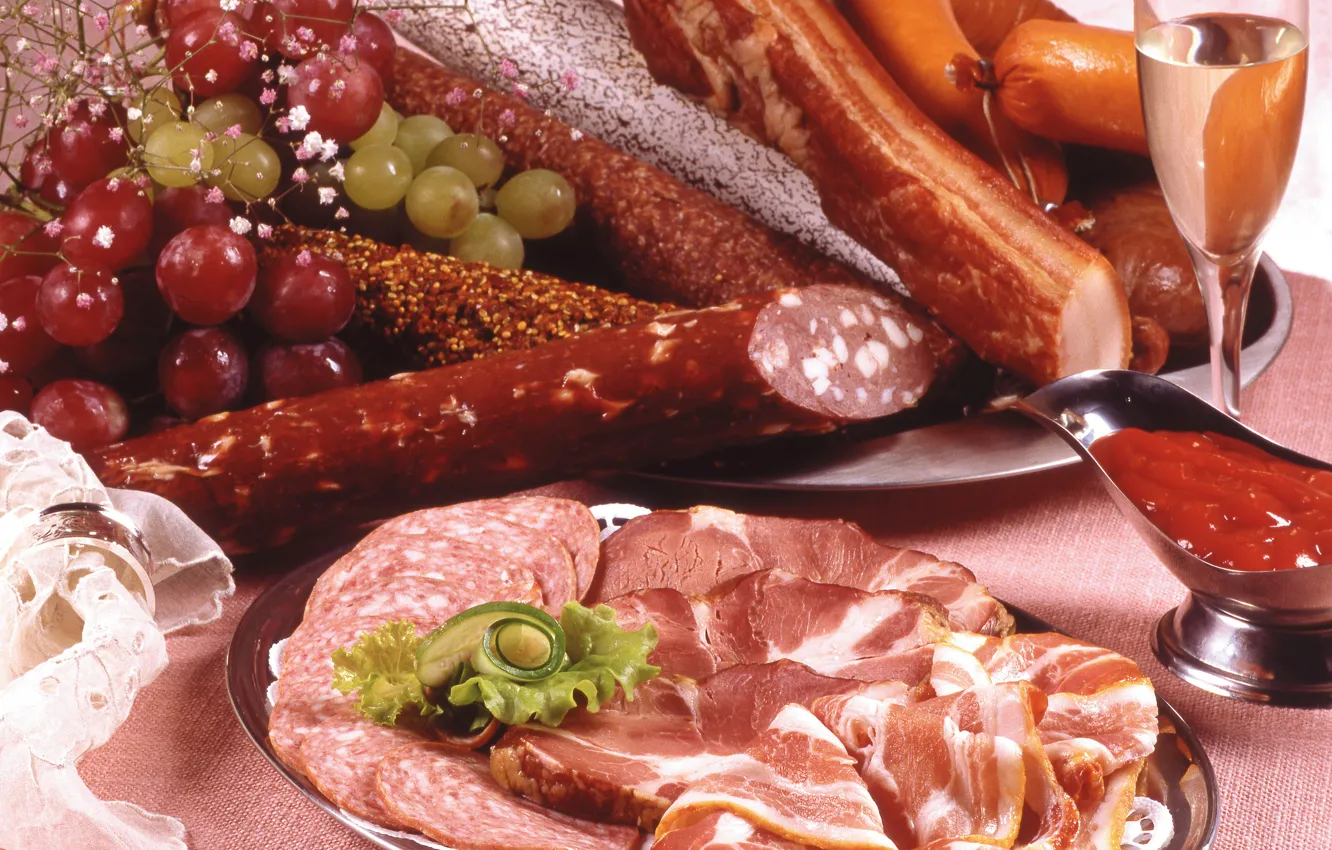 Photo wallpaper photo, food, glasses, grapes, champagne, sausage, ham, products