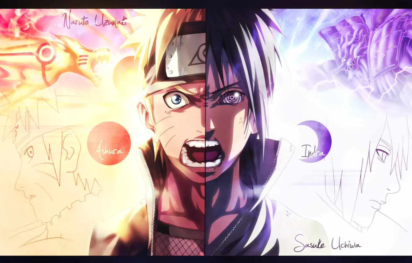Photo wallpaper anime, Uchiha Sasuke, Naruto Shippuden, Rinnegan, Uzumaki Naruto, screaming, Kurama, splitting