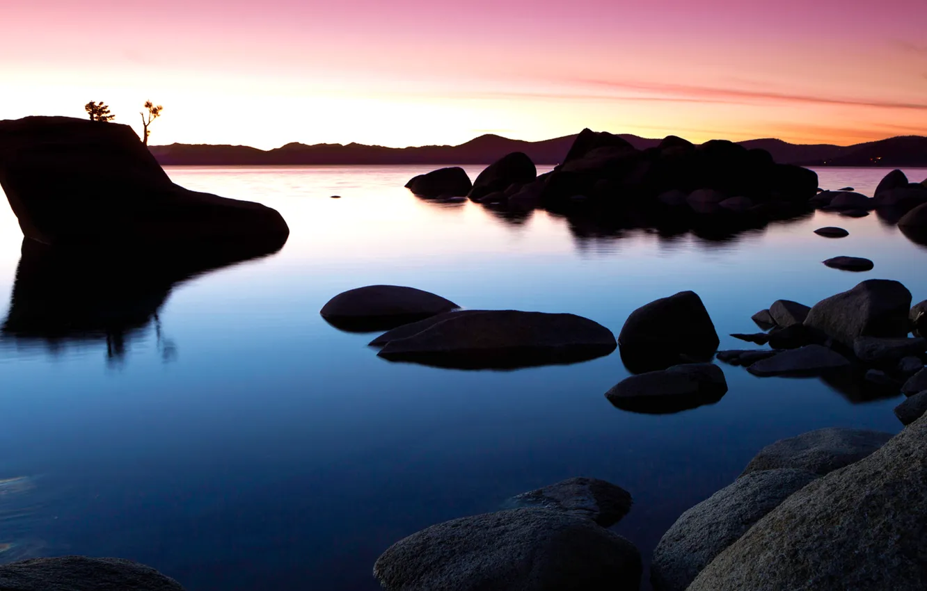 Photo wallpaper the sky, sunset, lake, stones, rocks, glow