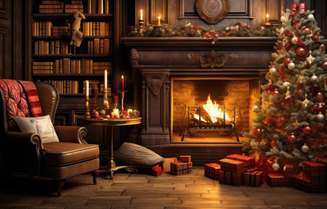 Photo wallpaper lights, comfort, heat, room, flame, furniture, new year, home