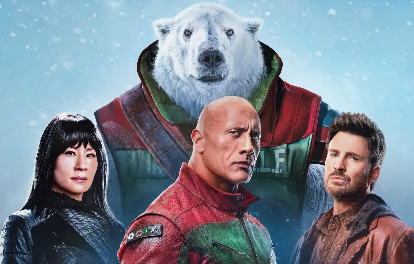 Photo wallpaper polar bear, Dwayne Johnson, Chris Evans, Lucy Liu, Red One, Callum Drift, Jacqueline Frost, The …
