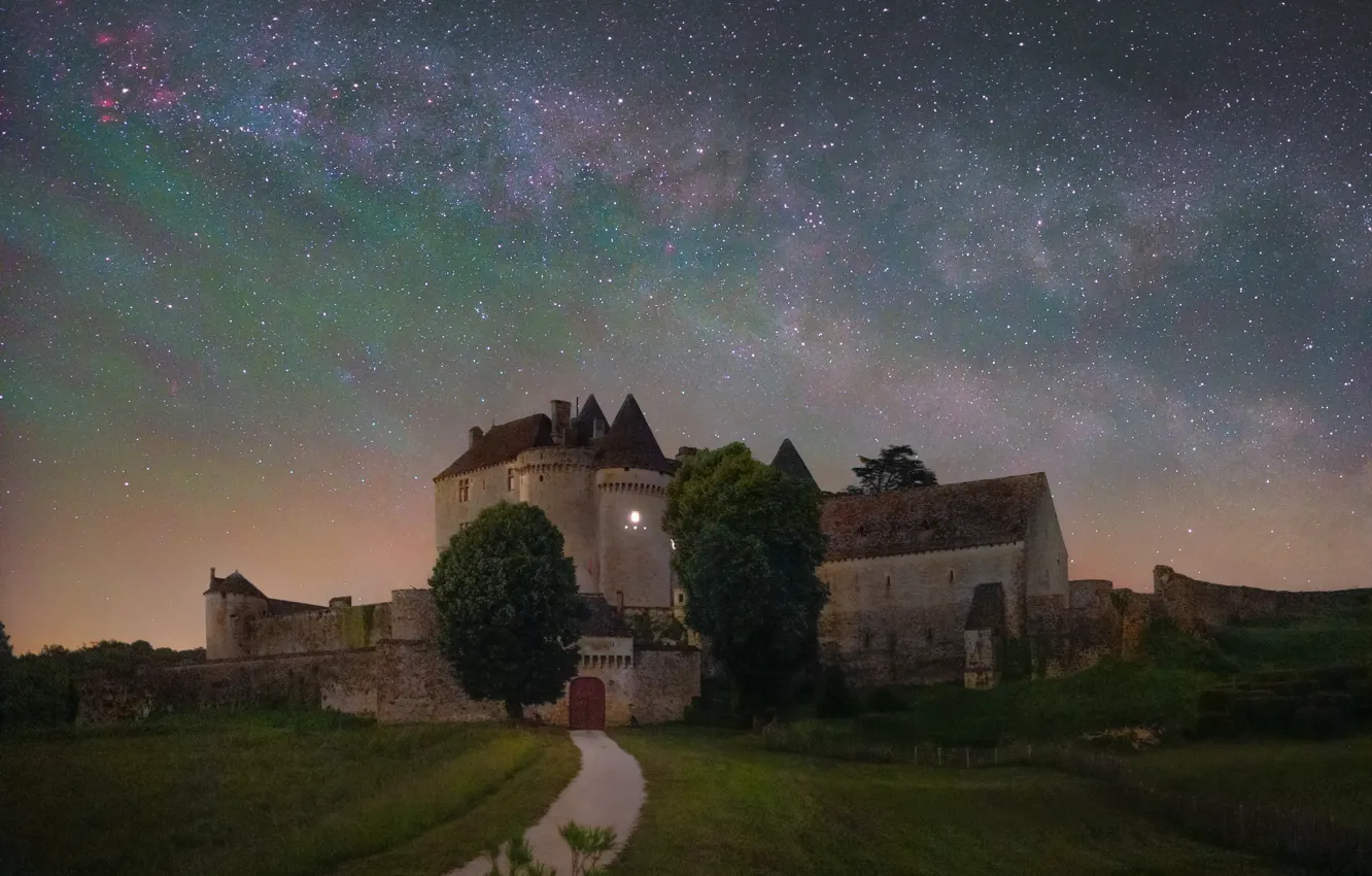 Photo wallpaper night, field, architecture, road, castle