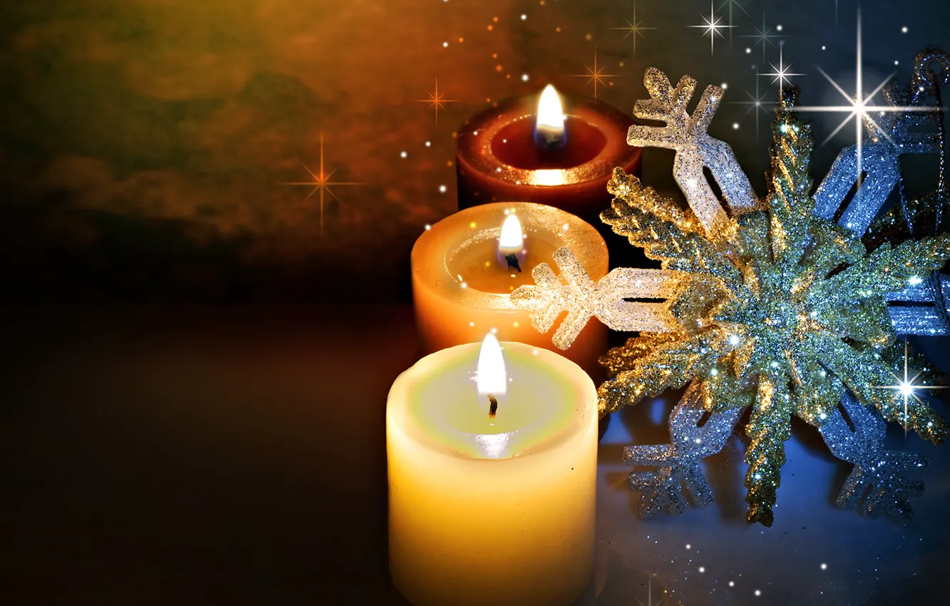 Photo wallpaper winter, light, snowflakes, glare, fire, holiday, the evening, candles