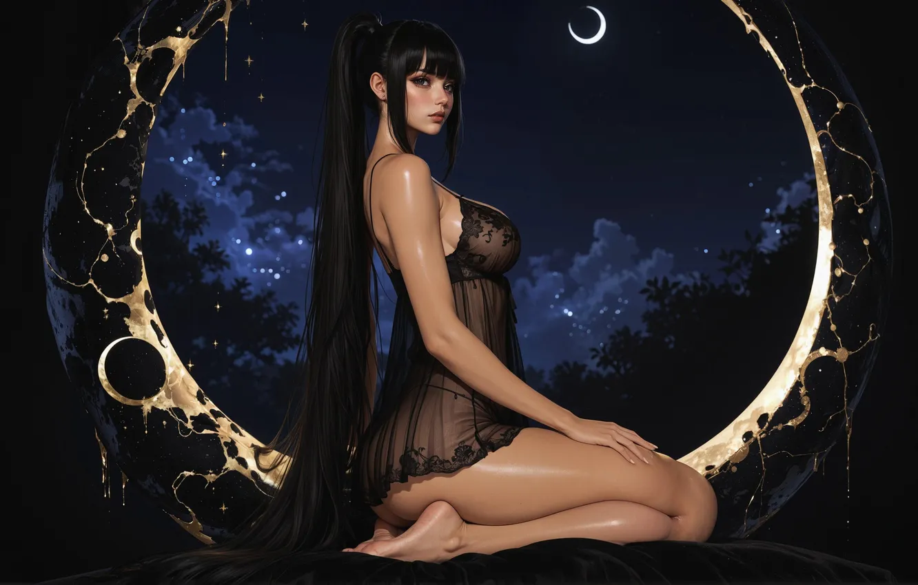 Photo wallpaper stars, night, a month, legs, long hair, digital art, digital art, fantasy art