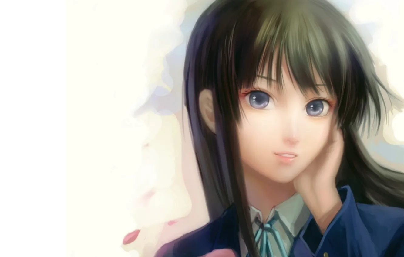 Photo wallpaper look, girl, face, anime, uniform, mio akiyama, k-on