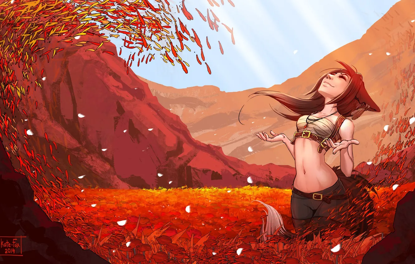 Photo wallpaper field, rays, nature, ideal, the wind, foliage, girl, Katrin