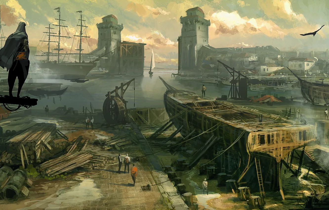 Photo wallpaper sea, karabl, port, Ezio, assassins creed revelations