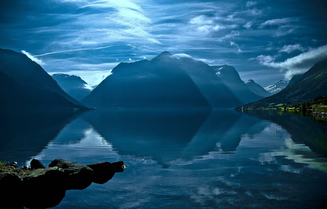 Photo wallpaper the sky, clouds, mountains, lake