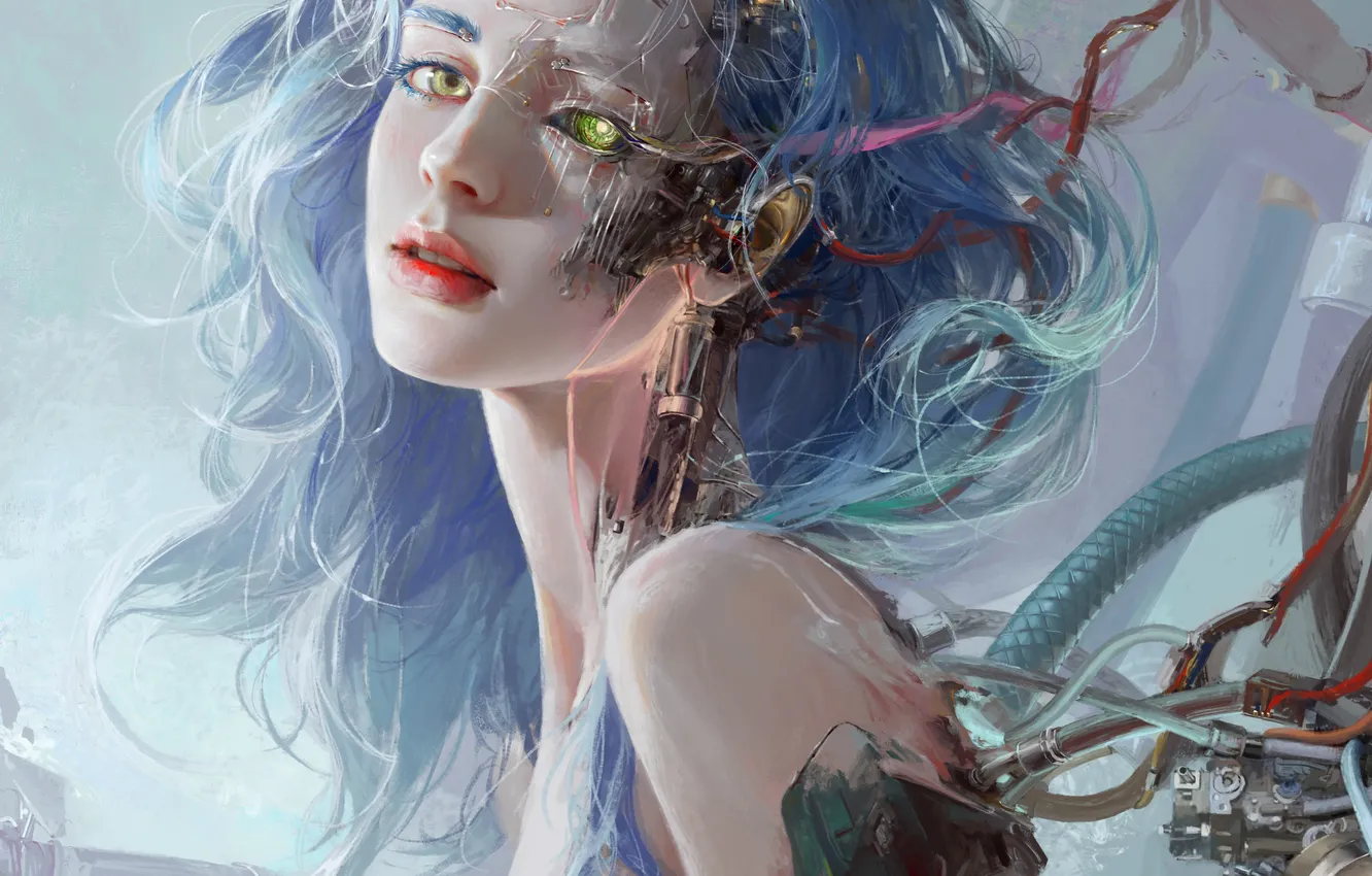 Photo wallpaper girl, fantasy, digital art, artwork, fantasy art, cyborg, blue hair, fantasy girl