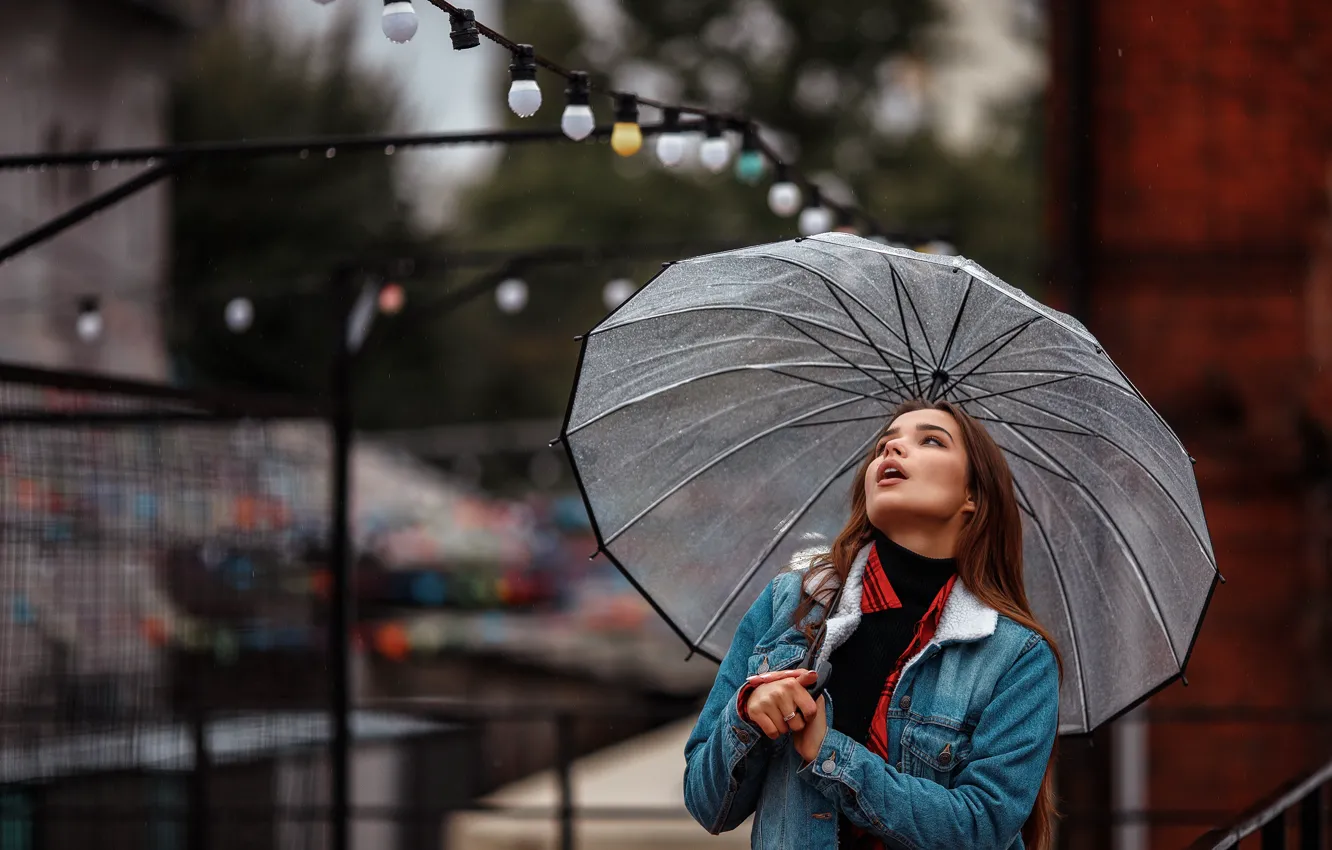 Photo wallpaper look, girl, model, hair, umbrella, shirt, denim jacket, Nikolay Rogozin