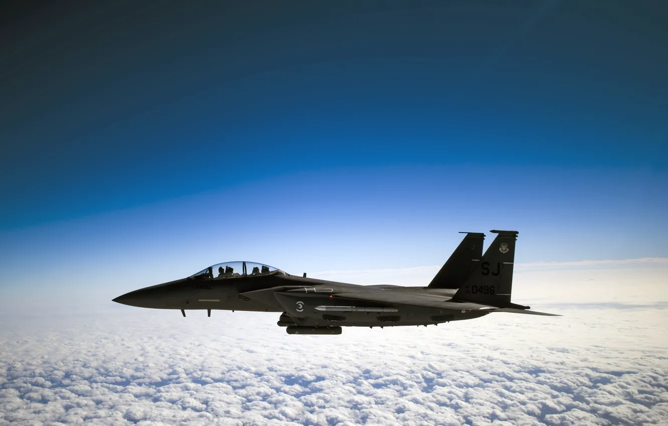 Photo wallpaper sky, clouds, horizon, F-15E Strike Eagle, pilot, U.S. Air Force, Co-Pilot