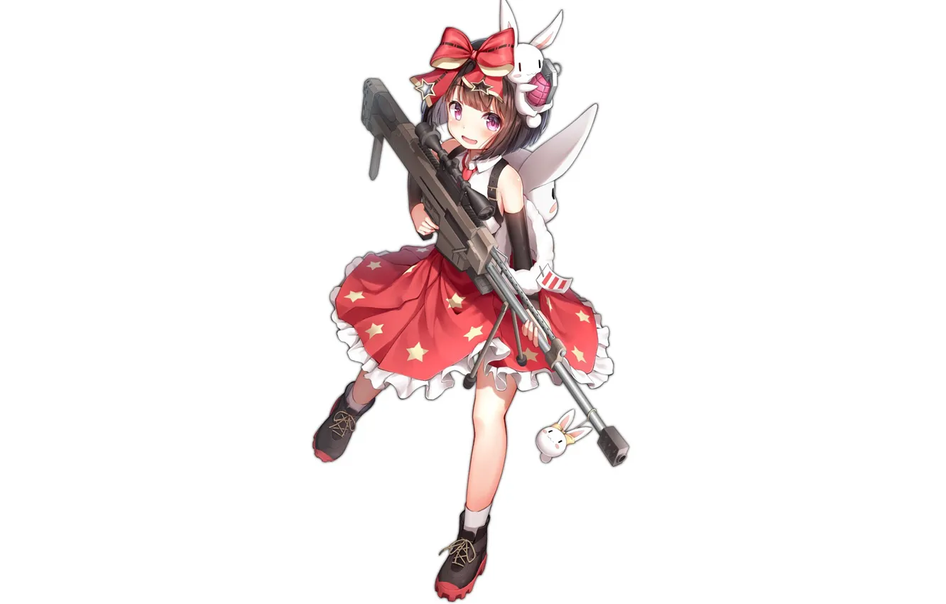 Photo wallpaper shoes, mini skirt, white background, sniper rifle, Kantai Collection, white rabbit, red bow, Naval Collection