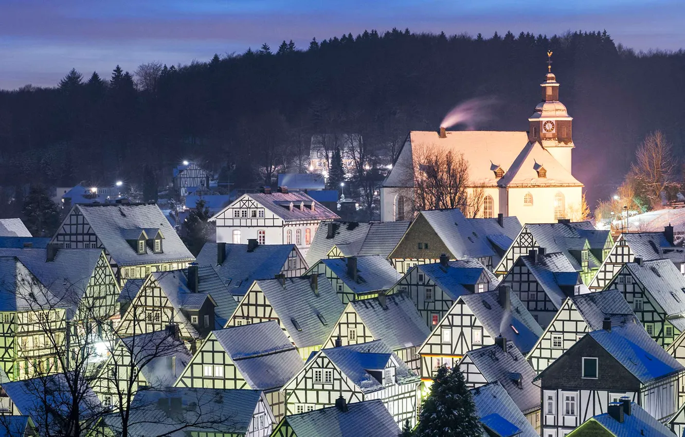 Photo wallpaper winter, roof, landscape, lights, home, the evening, Germany, North Rhine-Westphalia