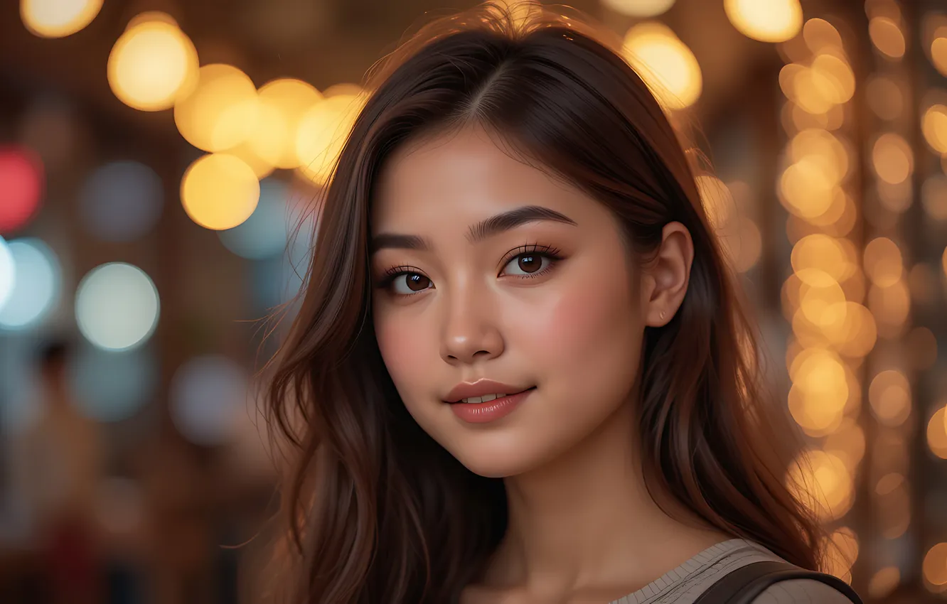 Photo wallpaper look, girl, light, face, lights, smile, portrait, brown hair