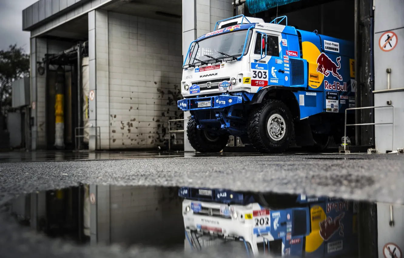 Photo wallpaper Reflection, Truck, Master, Sink, Russia, Kamaz, Rally, Rally