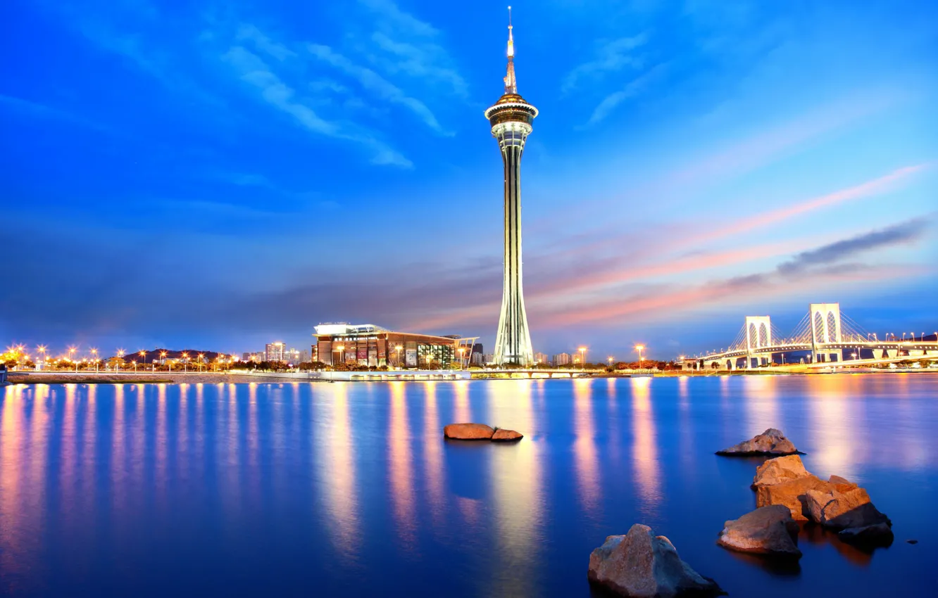 Photo wallpaper sea, bridge, the city, tower, the evening, backlight, China, Aomen