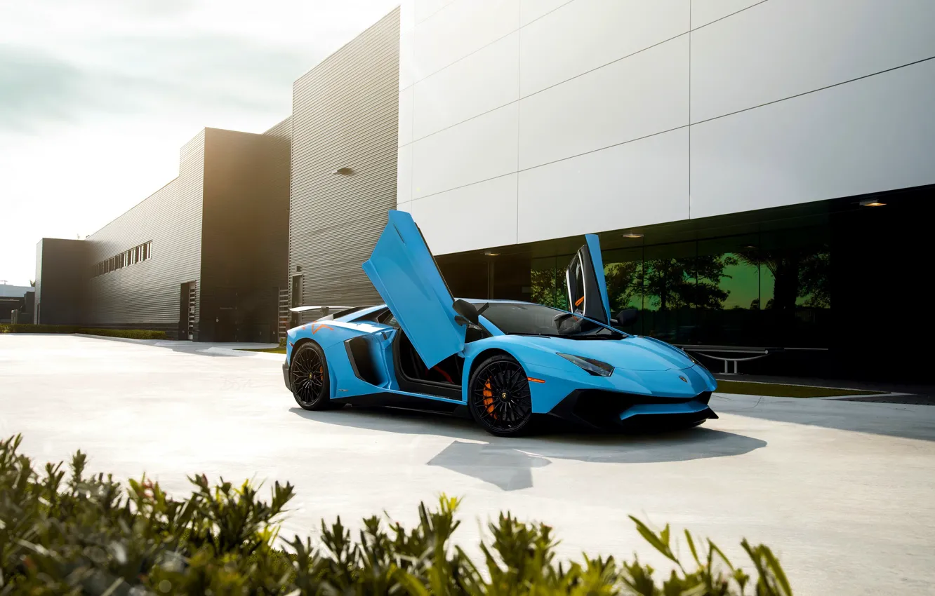 Photo wallpaper Lamborghini, Blue, Front, Aventador, Supercar, LP750-4